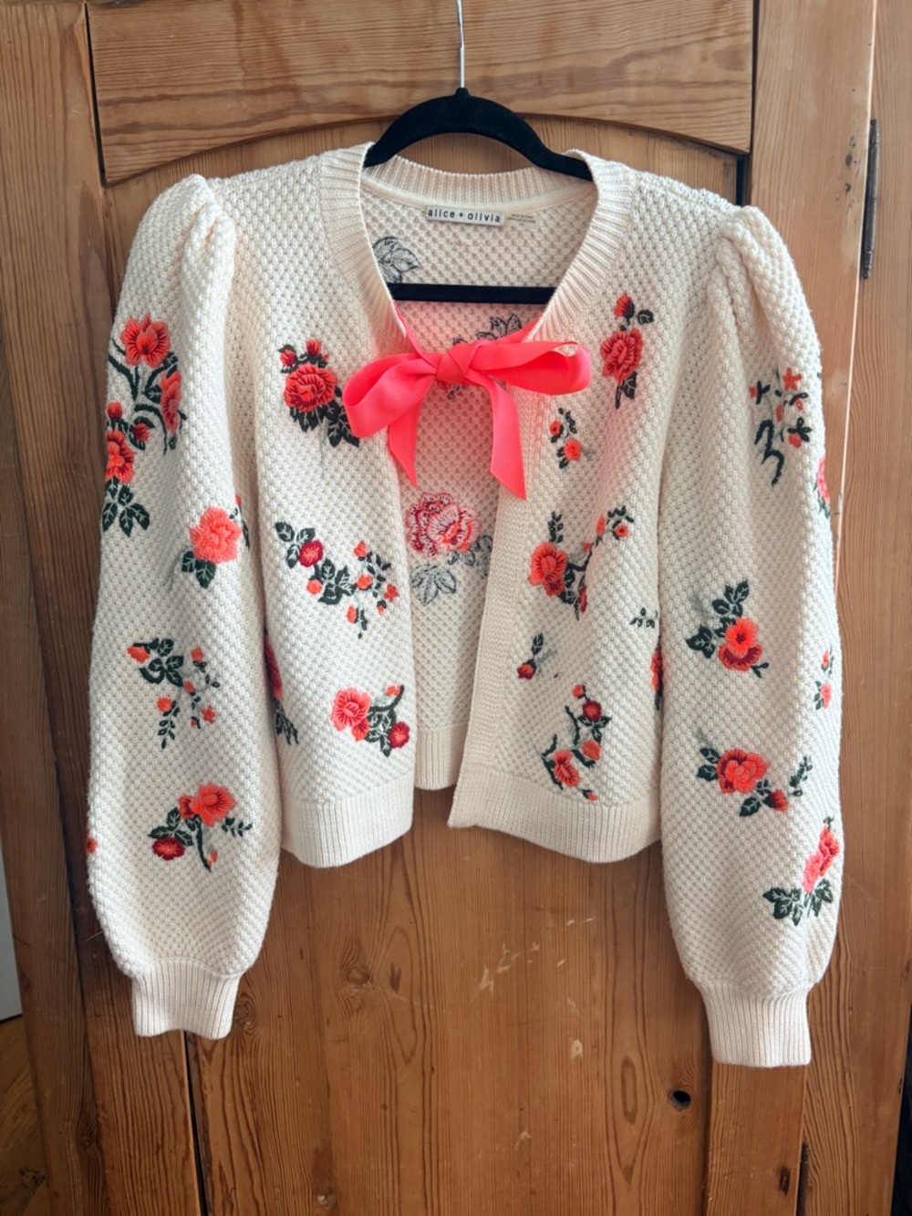 Alice + Olivia sz L Kitty Floral Puff Sleeve Bow Tie Cardigan Sweater